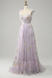 Grey Blue Tulle A Line Corset Prom Dress with Embroidery