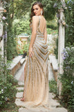 Mermaid Deep V Neck Golden Long Prom Dress with Silt