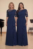 Navy Sheath Ruffled Half Sleeves Long Choir Dress with Appliques