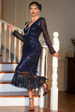 1920s Flapper Dress V Neck Navy Sequin Dress Roaring 20s Gatsby Party Dress