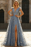 Grey Blue A Line Sequins V-Neck Long Prom Dress with Slit