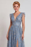 Grey Blue Appliqued V Neck A Line Mother of the Bride Dress with Slit