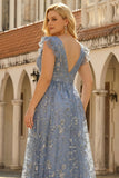 Grey Blue A Line Deep V Neck Open Back Plus Size Prom Dress with Sequins