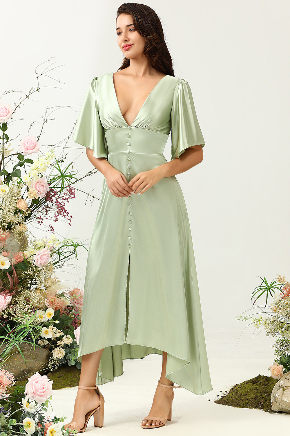 Zapaka Women Light Green Wedding Guest Dress A Line Deep V Neck Wedding