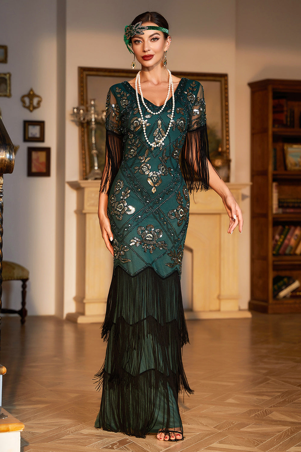 Sheath V Neck Black Sequins Long 1920s Flapper Dress with Fringes