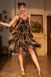 Spaghetti Straps Black Golden 1920s Dress with Fringes
