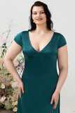 A Line V Neck Dark Green Plus Size Bridesmaid Dress with Open Back