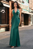 Dusty Sage Satin Mermaid Ruched Halter Bridesmaid Dress