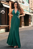 Dusty Sage Satin Mermaid Ruched Halter Bridesmaid Dress