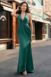 Dusty Sage Satin Mermaid Ruched Halter Bridesmaid Dress