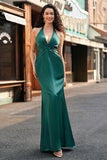 Dusty Sage Satin Mermaid Ruched Halter Bridesmaid Dress