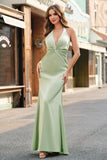 Dusty Sage Satin Mermaid Ruched Halter Bridesmaid Dress