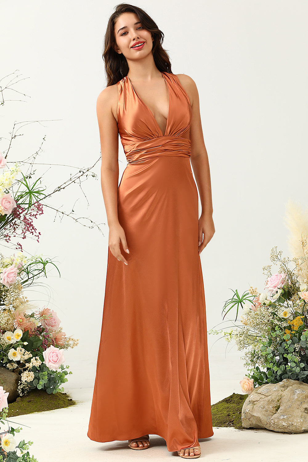A Line Halter Neck Copper Long Bridesmaid Dress with Criss Cross Back