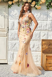 Mermaid Deep V Neck Champagne Long Prom Dress with Criss Cross Back