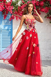 A Line Spaghetti Straps Burgundy Long Prom Dress with Appliques