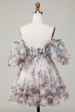 Ivory Floral Printed A-Line Puff Sleeves Short Tulle Homecoming Dress