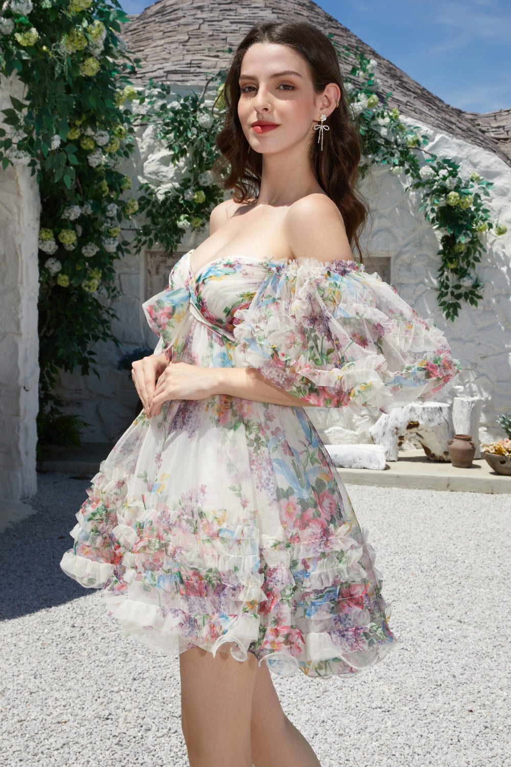 Trendy A Line Ivory Floral Printed Short Tulle Homecoming Dress with Short Sleeves