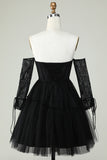 A Line Off the Shoulder Black Corset Homecoming Dress with Long Sleeves