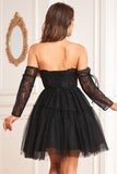 A Line Off the Shoulder Black Corset Homecoming Dress with Long Sleeves