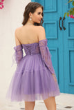 A Line Off the Shoulder Black Corset Homecoming Dress with Long Sleeves