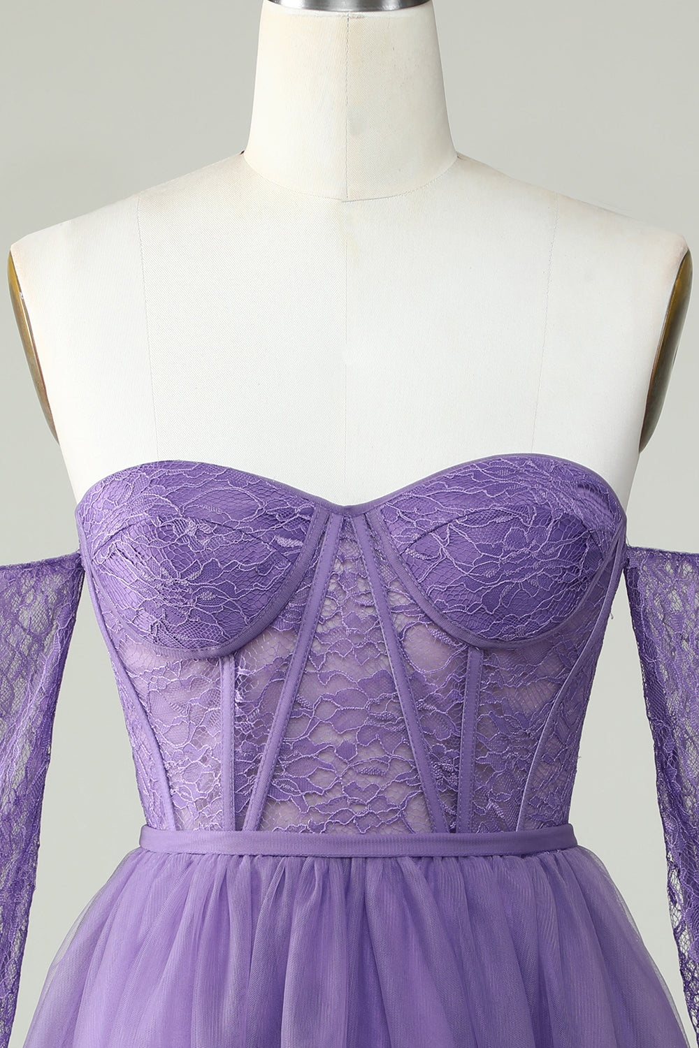 A Line Off the Shoulder Purple Corset Homecoming Dress with Long Sleeves