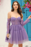 A Line Off the Shoulder Black Corset Homecoming Dress with Long Sleeves
