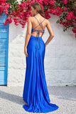 Mermaid Spaghetti Straps Royal Blue Long Formal Dress with Beading