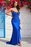 Mermaid Spaghetti Straps Blush Long Prom Dress with Split Front