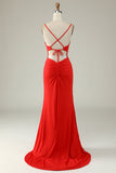 Mermaid Spaghetti Straps Navy Long Prom Dress with Criss Cross Back