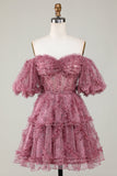 Gorgeous A Line Off the Shoulder Fuchsia Tulle Short Homecoming Dress with Short Sleeves
