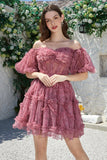 Beautiful A Line Off the Shoulder Fuchsia Tulle Short Homecoming Dress with Short Sleeves