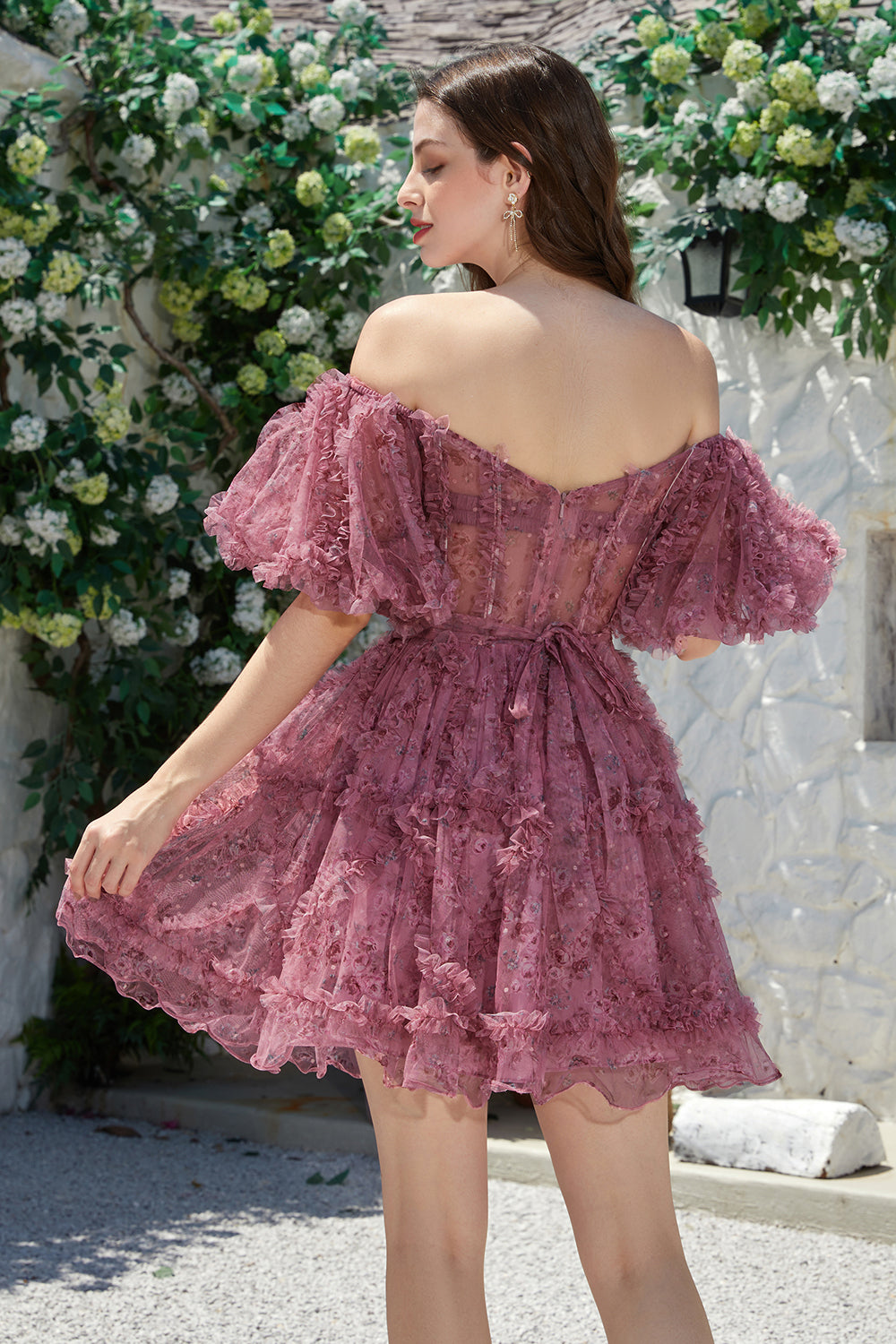 Beautiful A Line Off the Shoulder Dusty Rose Tulle Short Homecoming Dress with Short Sleeves