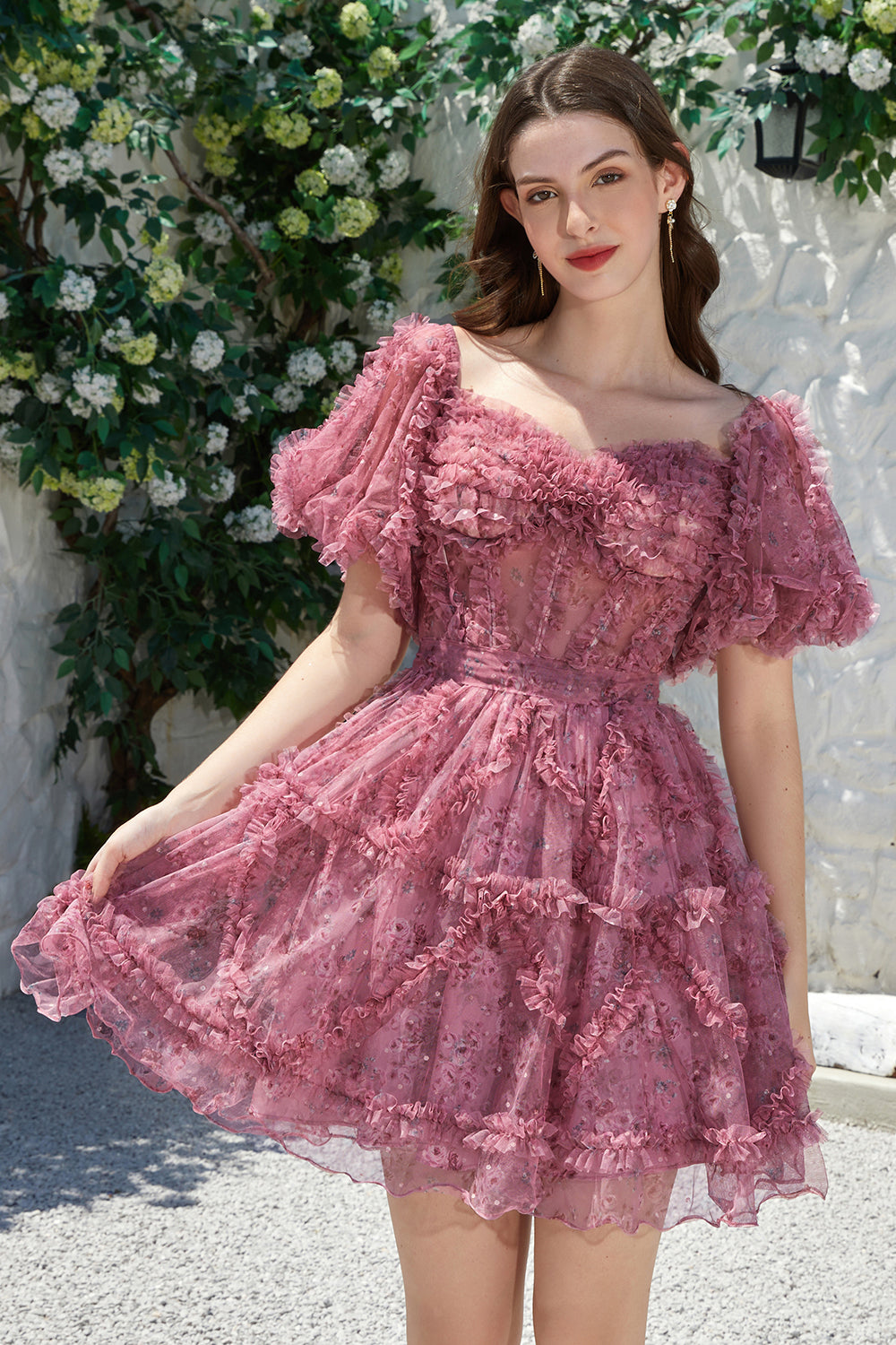 Beautiful A Line Off the Shoulder Fuchsia Tulle Short Homecoming Dress with Short Sleeves