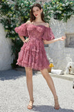 Beautiful A Line Off the Shoulder Dusty Rose Tulle Short Homecoming Dress with Short Sleeves
