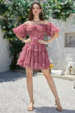 A Line Off the Shoulder Ivory Red Flower Printed Cute Homecoming Dress