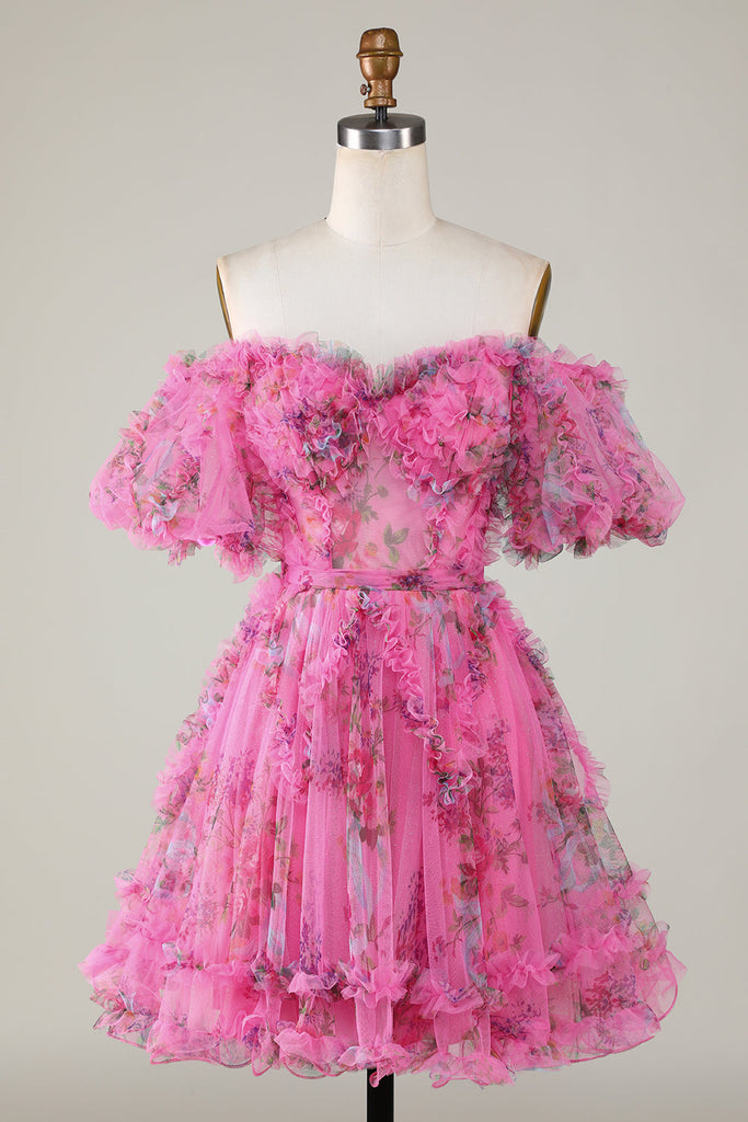 Fuchsia Off-Shoulder A-Line Tulle Homecoming Dress with Floral Appliques Sleeves main image 1