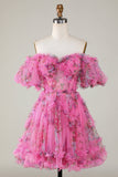 Gorgeous A Line Off the Shoulder Fuchsia Tulle Short Homecoming Dress with Short Sleeves