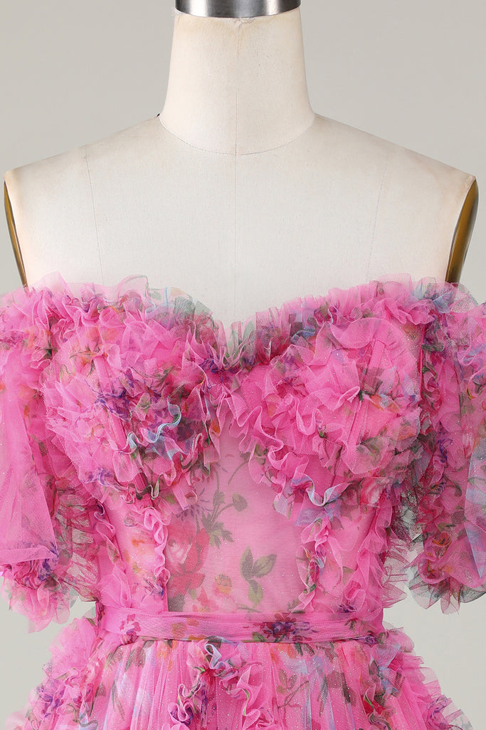 Fuchsia Off-Shoulder A-Line Tulle Homecoming Dress with Floral Appliques Sleeves main image 0