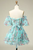 A Line Off the Shoulder Sheer Corset Floral Print Short Homecoming Dress