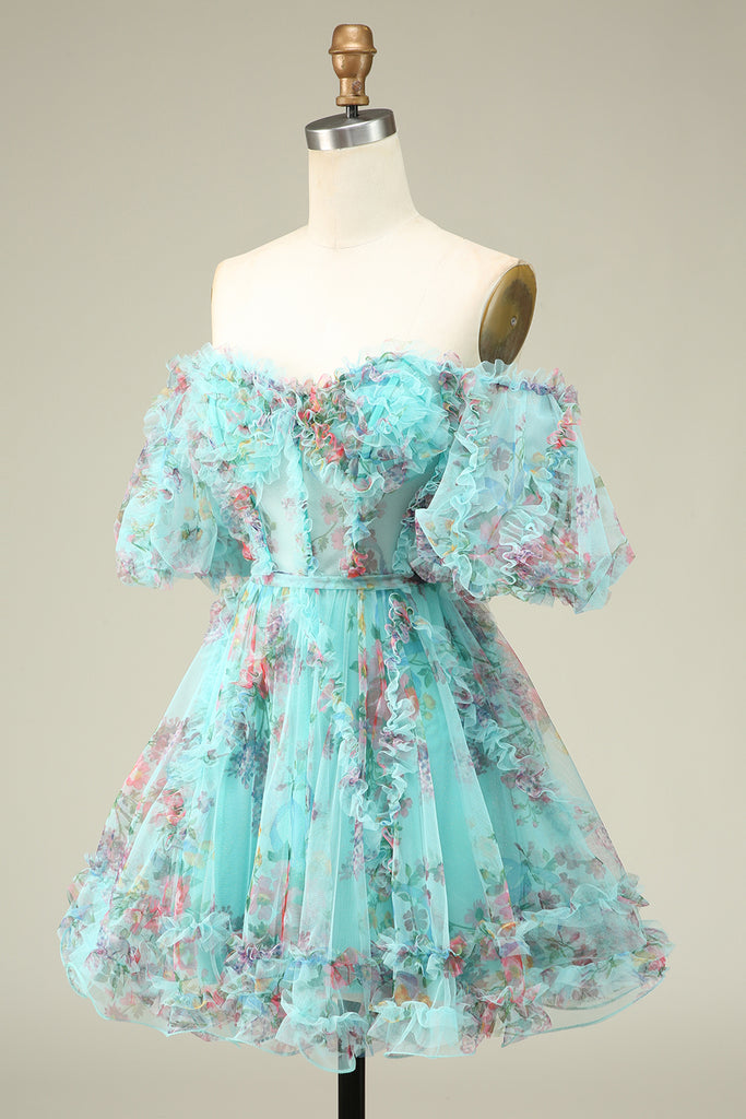 Fuchsia Off-Shoulder A-Line Tulle Homecoming Dress with Floral Appliques Sleeves