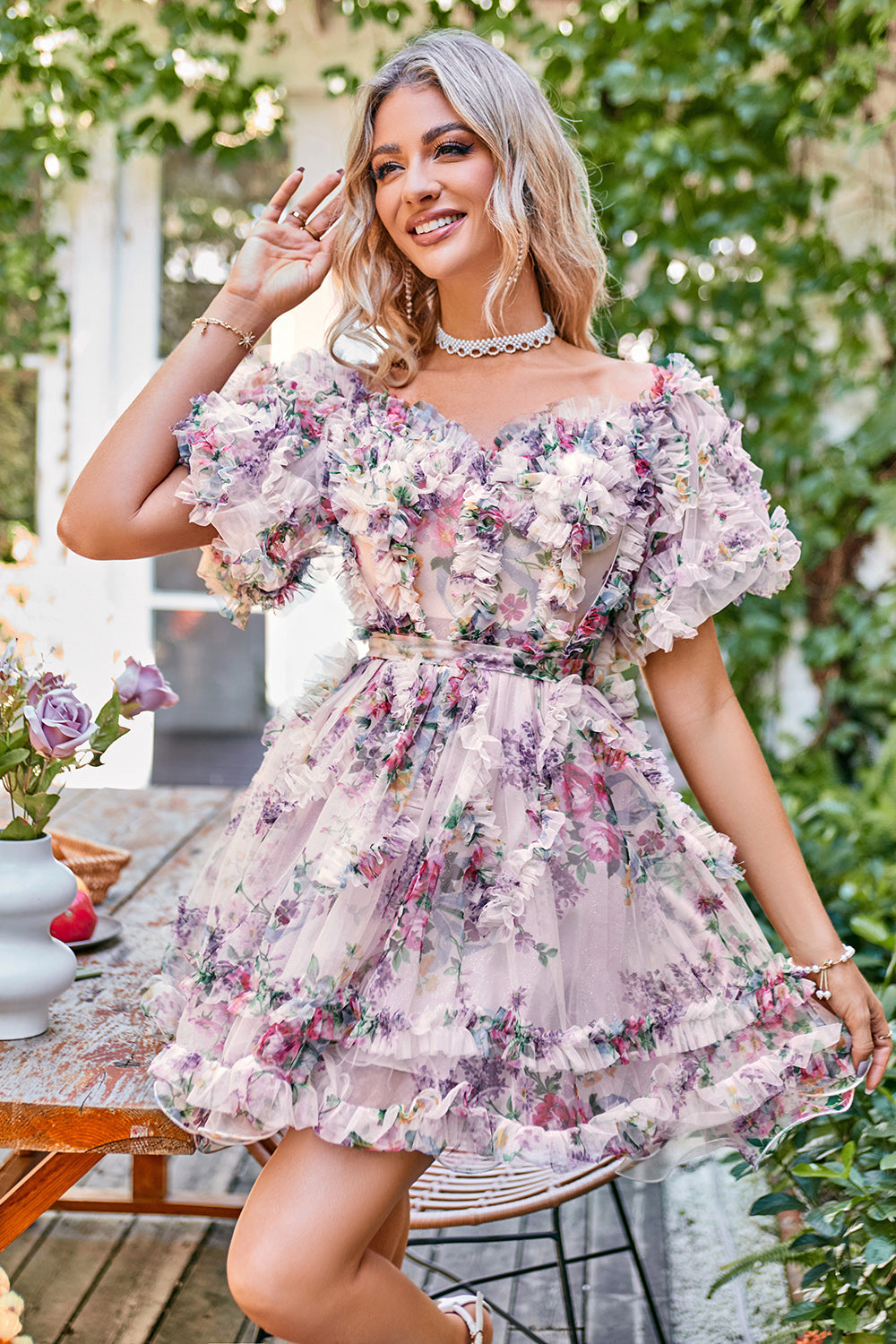 Stylish A Line Off the Shoulder Dusty Rose Tulle Short Homecoming Dress with Short Sleeves