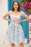 Blue Corset A-Line Short Homecoming Dress with 3D Flowers