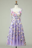 Purple A Line Tea Length Prom Dress with 3D Flowers