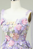 A Line Spaghetti Straps Purple Corset Homecoming Dress with 3D Flowers