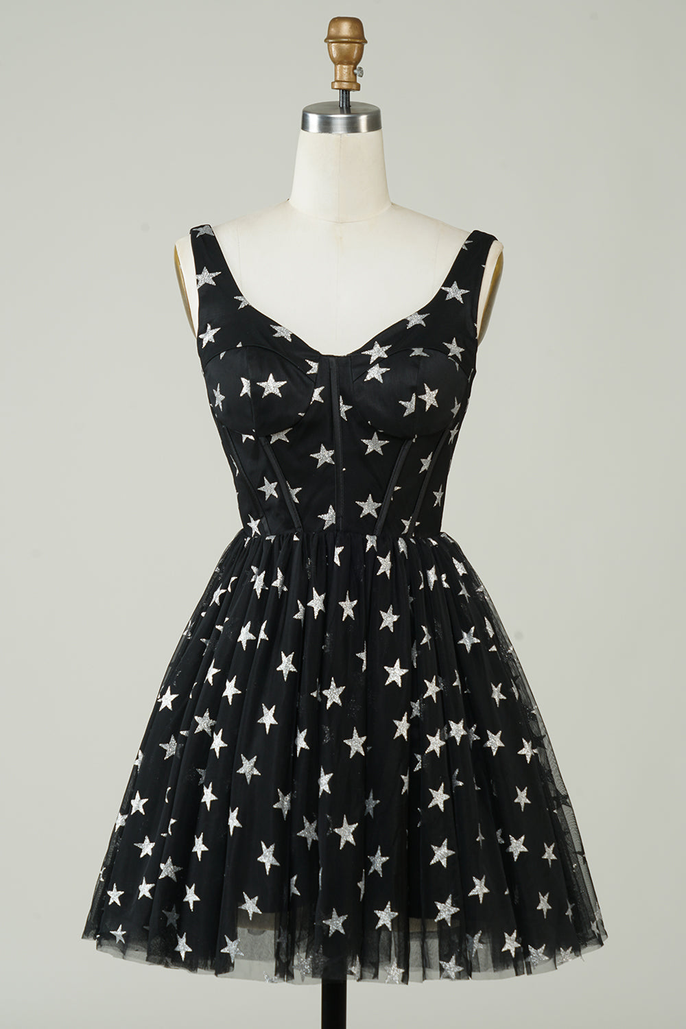 Cute A Line V Neck Black Tulle Short Homecoming Dress with Stars