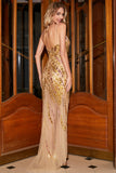 Bling Mermaid Spaghetti Straps Golden Sequins Long Prom Dress with Split Front