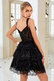 Cute A Line Black Corset Tiered Short Homecoming Dress with Lace