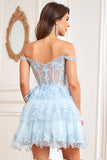 A Line Dark Blue Corset Tiered Short Homecoming Dress with Lace