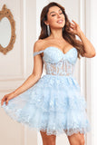 A Line Dark Blue Corset Tiered Short Homecoming Dress with Lace