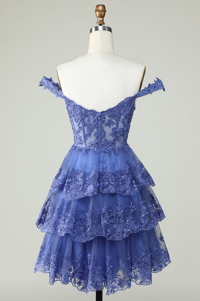 Sparkly Dark Blue A Line Corset Tiered Short Cocktail Dress with Lace